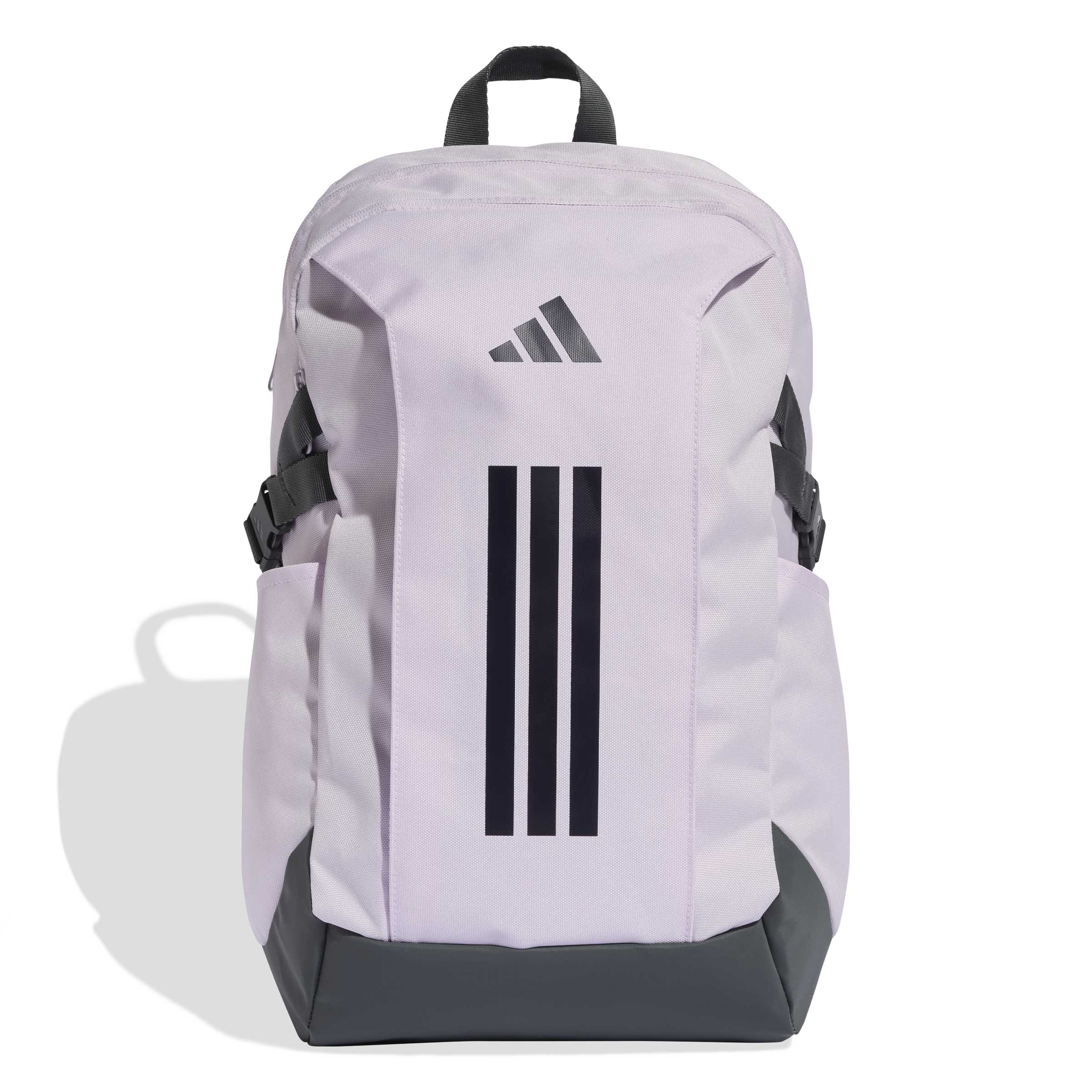 Mochila Adidas Power VIII lilás com detalhes pretos, vista frontal com logo Adidas e três listras verticais pretas